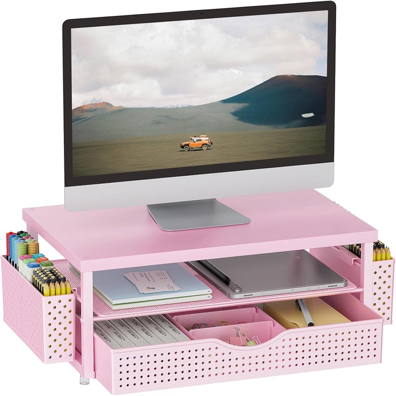 gianotter Wood Monitor Stand Riser, Desk Organizer with Drawer and 2 Pen Holders, 2-Tier Workspace Organizer for Office Supplies(Pink Wood) - Image 1